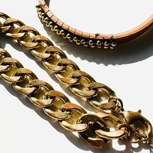 Gold Tones Chain Bracelet & Brown Wrap Beaded Leather Bracelet Set